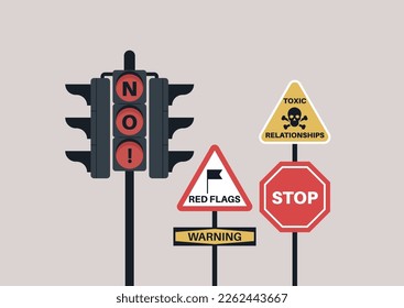 Straßenverkehrskontrolle als Metapher für rote Flaggen, Straßenschilder, die vor toxischen Beziehungen warnen