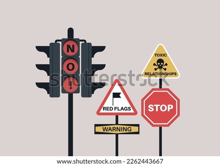 Traffic light regulation as a metaphor of red flags, road signs warning about toxic relationships