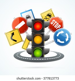 Traffic Light and Road Sign Concept. Vector illustration