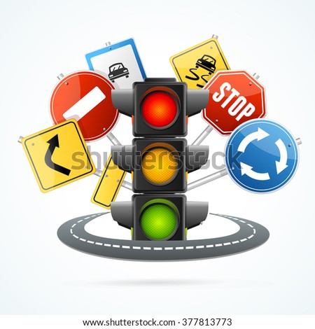 Traffic Light and Road Sign Concept. Vector illustration