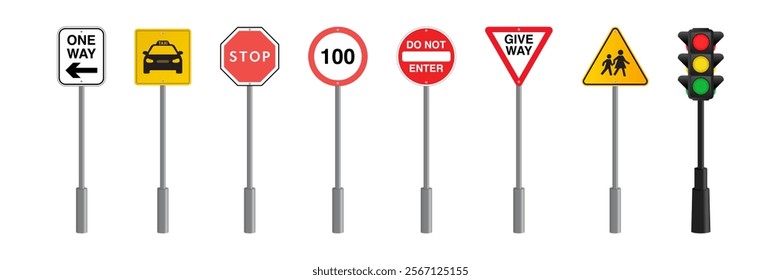 Traffic Light and Road Signs Collection: One Way, Taxi, Stop, Speed Limit, Do Not Enter, Give Way, and School Crossing Symbols. Vector.