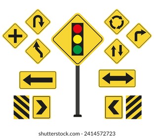 traffic light and road signs for kids safety. Caution and warning signals, cartoon signs, vector illustration
