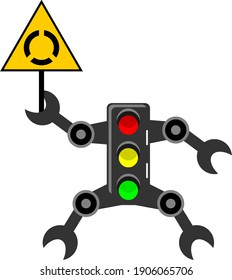 Dibujo vectorial de diseño de robot con luz de tráfico con signo de dirección giratoria