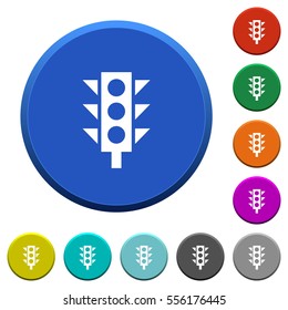 Traffic light round color beveled buttons with smooth surfaces and flat white icons