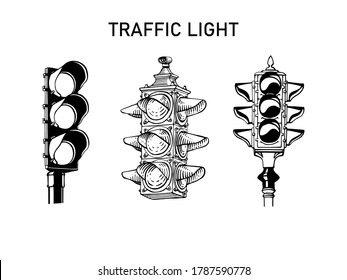 Traffic light semaphore hand drawn outline set icon. Spotlight, crossroads, city traffic regulation and safety concept. Vector  illustration for print, web, mobile, infographics on white background.
