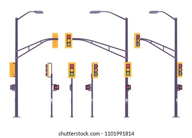 Traffic light set. Modern city system of colored light controlling traffic at crossroads, junctions, directing road signal. Landscape architecture, urban design. Vector flat style cartoon illustration