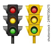 Traffic light set. Realistic 3D traffic light. Black traffic lights. Vector clipart.