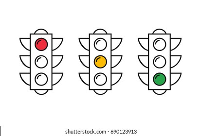 Traffic Light Set. Thin Line Vector Buttons. Semaphore Sequence, Red, Yellow, Green Light Vector Illustration.