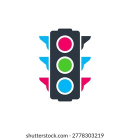 Traffic light showing red green and blue signals with arrows pointing left and right
