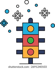 Eine Ampel ist in einer schwarz-weißen Zeichnung dargestellt. Die Ampel ist ein Symbol für Sicherheit und Ordnung auf der Straße. Die Schneeflocken im Hintergrund sorgen für ein Gefühl von Winter und Kälte