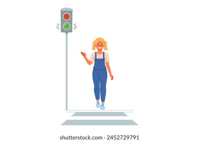 Traffic light shows green signal for little girl walking along pedestrian crossing. Child observes rules of road while strolling around city, and points to traffic light allowing start of movement