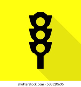 Traffic light sign. Black icon with flat style shadow path on yellow background.