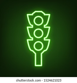 Traffic light sign. Green neon icon in the dark. Blurred lightening. Illustration.