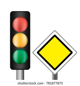 Traffic light and sign of the main road isolated on white background, vector