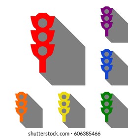 Traffic light sign. Set of red, orange, yellow, green, blue and violet icons at white background with flat shadow.