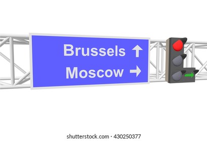 traffic light and a sign with the text: Brussels; Moscow