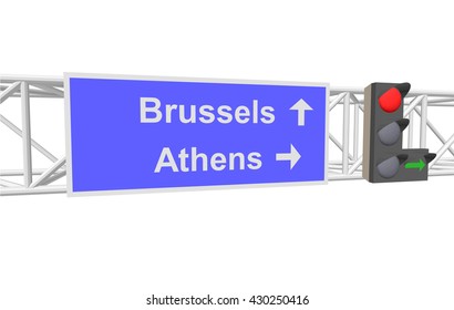 traffic light and a sign with the text: Brussels; Athens