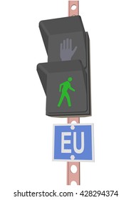 traffic light and a sign with the text "EU"