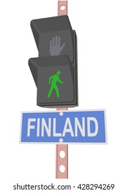 traffic light and a sign with the text "FINLAND"