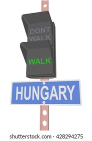 traffic light and a sign with the text "HUNGARY"