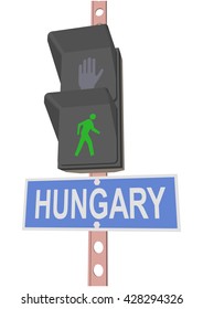 traffic light and a sign with the text "HUNGARY"