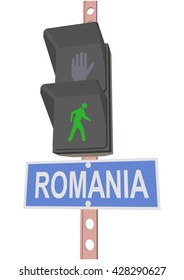 traffic light and a sign with the text "ROMANIA"