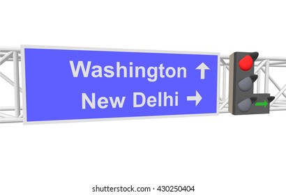 traffic light and a sign with the text: Washington; New Delhi