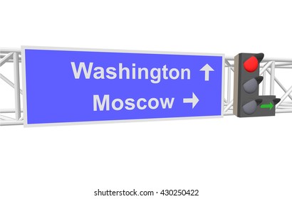 traffic light and a sign with the text: Washington; Moscow