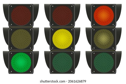 Traffic light sign three variations on. Photo-realistic vector illustration isolated on white background.