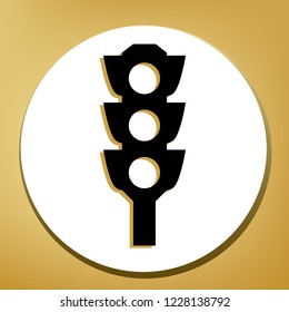 Traffic light sign. Vector. Black icon with light brown shadow in white circle with shaped ring at golden background.