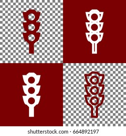 Traffic light sign. Vector. Bordo and white icons and line icons on chess board with transparent background.