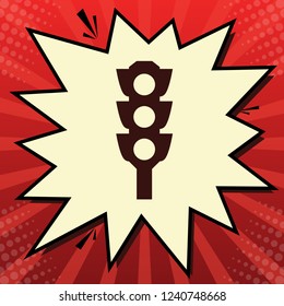 Traffic light sign. Vector. Dark red icon in lemon chiffon shutter bubble at red popart background with rays.
