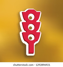 Traffic light sign. Vector. Magenta icon with darker shadow, white sticker and black popart shadow on golden background.