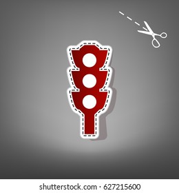 Traffic light sign. Vector. Red icon with for applique from paper with shadow on gray background with scissors.