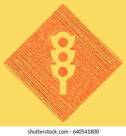Traffic light sign. Vector. Red scribble icon obtained as a result of subtraction rhomb and path. Royal yellow background.