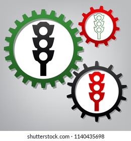 Traffic light sign. Vector. Three connected gears with icons at grayish background.
