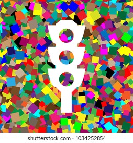 Traffic light sign. Vector. White icon on colorful background with seamless pattern from squares.