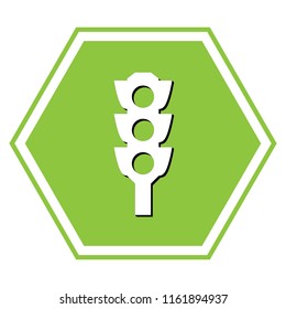 Traffic light sign. Vector. White icon with black shadow at yellow green honeycomb on white background.