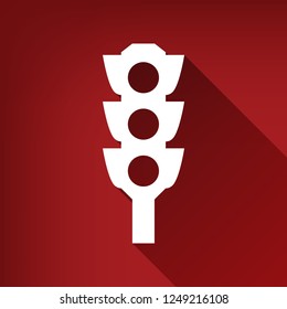 Traffic light sign. Vector. White icon with limitless shadow at ruby red background.