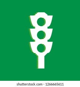 Traffic light sign. Vector. White flat icon with yellow striped shadow at green background.