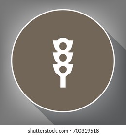 Traffic light sign. Vector. White icon on brown circle with white contour and long shadow at gray background. Like top view on postament.