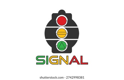 Traffic light signal icon with colored lights and text