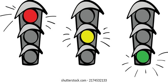 Traffic light with signal lights: red, yellow, green with Traffic light with signal lights: red, yellow, green with rays of light. Vector. Cartoon illustration isolated on white background 