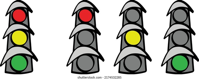 Ampel mit Signallichter: rot, gelb, grün. Vektorgrafik. Cartoon-Illustration einzeln auf weißem Hintergrund