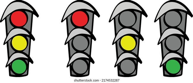 Ampel mit Signallichter: rot, gelb, grün. Vektorgrafik. Cartoon-Illustration einzeln auf weißem Hintergrund
