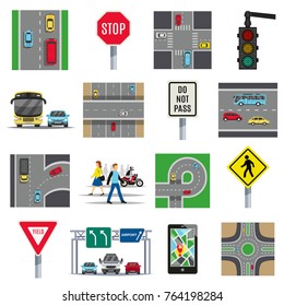 Traffic light signs and regulations roads intersections safety rules pedestrian crossing flat icons collection isolated vector illustration 