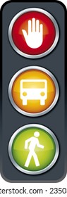 Traffic light with signs (stop hand, car and pedestrian). Only global colors. CMYK. Easy color changes.