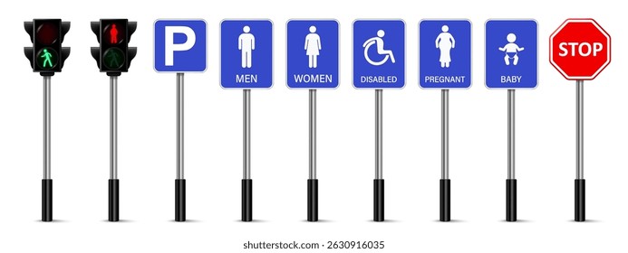 Traffic light signs. Street symbol. Men, Women, Disabled, Pregnant, Baby and Stop sign. Restroom icon. WC sign vector.