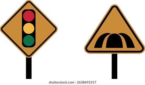 Traffic Light and Speed Bump Road Warning Signs – Vector Icons for Road Safety and Transportation