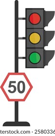 A traffic light with a speed limit of 50 mph indicates the maximum allowed speed for vehicles in a specific area, typically on highways or major roads.